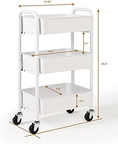 SunnyPoint 3-Tier Delicate Compact Rolling Metal Storage Organizer - Mobile Utility Cart Kitchen/Under Desk Cart with Caster Wheels - WHT (15.35" X 10.24" X 26.8"H) - Image 6