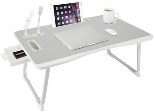 Laptop Bed Table, Laptop Desk for Bed, Foldable Laptop Bed Desk with USB Charge Port, Handle, Desktop Card Slot, Cup Slot, Side Drawer, Portable Laptop Table for Bed Eating Reading Working - Image 7