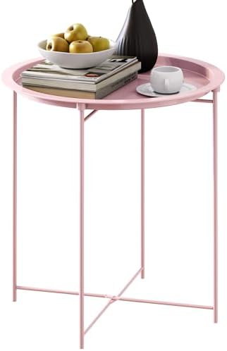 End Table Set of 2,Pink Outdoor Side Table, Small Patio Round Folding Metal Side Tables for Outdoor,Living Room,Bedroom Balcony and Office, 2 PCS - Image 7