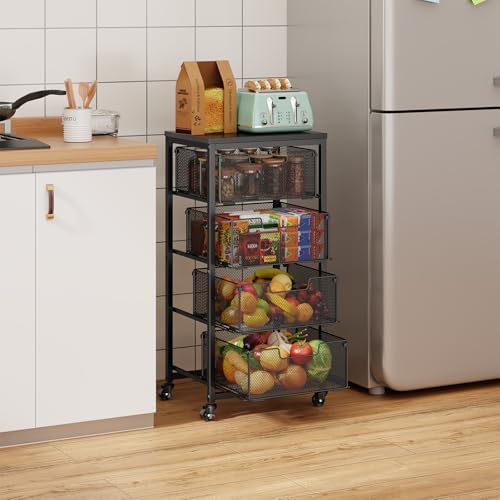 4-Tier Fruit Vegetable Storage Cart - Kitchen Organizer and Storage Cart with Wheels, Wooden Top Metal Wire Fruit Vegetable Rack Stand with Drawers to Storage Cans Snacks for Kitchen(Patent Pending) - Image 6