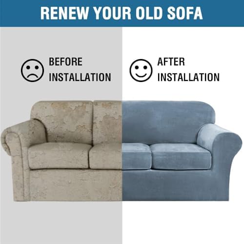 H.VERSAILTEX High Stretch Sofa Slipcover 4 Piece Cover Velvet Furniture Protector Form Fit Thick Velvet Extra Large Sofa Cover for 3 Cushion Couch Width Up to 97 Inch (Large Sofa, Stone Blue) - Image 7