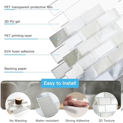 Art3d 10-Pack Subway Peel and Stick Backsplash, Beige & White, 12 x 12 Inch - Image 6