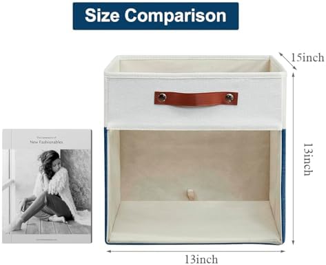 Bagnizer Storage Cubes, 4 Pack Linen Foldable Storage Bins with Clear Window and 2 Handles, 13x15x13 Storage Cube Bins for Shelf Closet, Kallax, Clothes, Books - (Navy Blue / Off-White) - Image 7