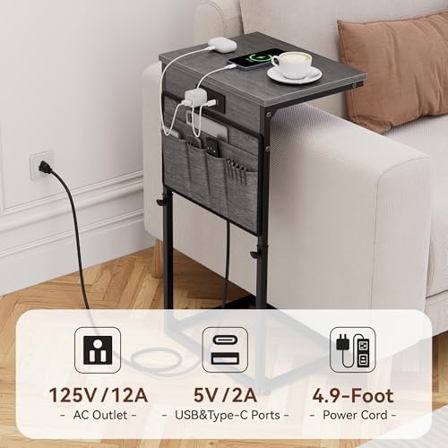 Vagusicc C-Shaped End Table with Charging Station, Small Side Table for Couch, 33" Tall Adjustable Height C Table, Couch Tables that Slide Under, Sofa Table TV Tray for Living Room, Gray Walnut - Image 7
