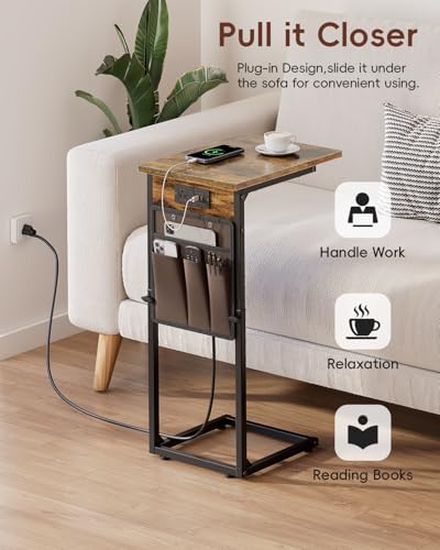 Vagusicc C Shaped End Table with Charging Station, Adjustable Height Side Table for Couch, Small Sofa Table with Storage Bag, Slide Under Sofa TV Tray Snack Arm Tables for Living Room, Bedroom, Brown - Image 7
