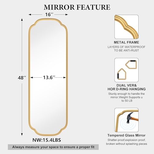 Ferytange 48"x16" Gold Door Mirror Full Length Over The Door with Non-Rusting Metal Frame, Modern Full Body Mirror Bedroom Closet Bathroom - Image 6