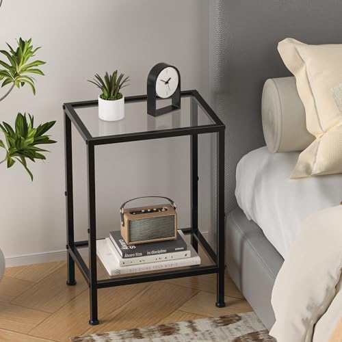 Glass Side Table, Tempered Glass End Table, 2-Tier Nightstands with Open Shelves, Small Coffee Table with Modern Style, Accent Table Small Table Sofa Table for Living Room, Bedroom,Black - Image 6