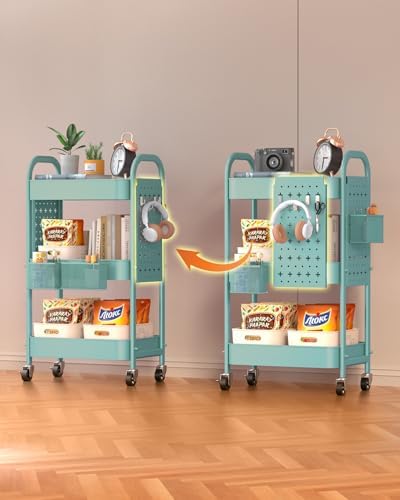 ALVOROG 3 Tier Metal Rolling Utility Cart with Pegboards,Baskets,Hooks,Blue - Image 6
