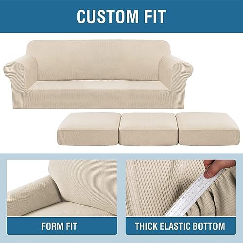 H.VERSAILTEX 4 Piece Stretch Sofa Covers for 3 Cushion Couch Covers Furniture Slipcovers for Living Room (1 Base Cover Plus 3 Seat Cushion Covers) Thicker Jacquard Fabric Cover (XL Sofa, Natural) - Image 6
