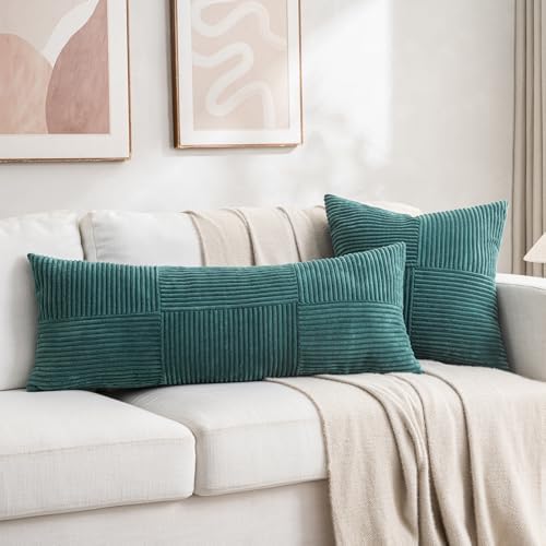 Fancy Homi Set of 2 Teal Boho Long Lumbar Body Decorative Throw Pillow Cover 14x36 Inch for Bed Couch Bedroom Bench, Soft Patchwork Corduroy Textured Pillow Case, Rustic Farmhouse Room Décor - Image 5