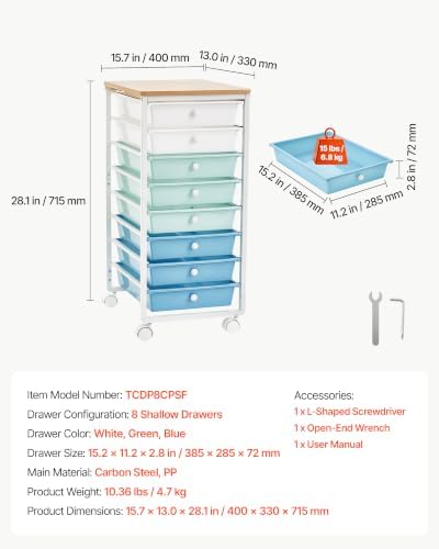 VEVOR Rolling Cart with Drawers, 8 Drawer Storage Organizer, Mobile Utility Cart with Wood Top, Steel Frame, Universal Casters & 2 Brakes, for Office, Classroom, Craft Supplies, Bedroom, Green Blue - Image 7