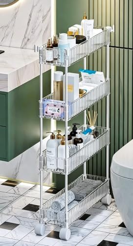4-Tier Plastic Rolling Utility Cart with Wheels, Multifunctional Storage Organizer Cart for Home, Office, Kitchen & Bathroom, Ultra Narrow & Clear, 4.7”W * 12.8”L * 33”H - Image 3