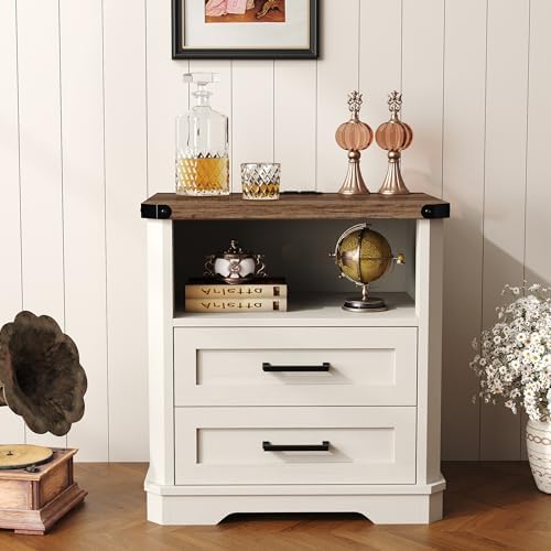 Yusong 23.62” Tall Farmhouse Nightstand, Rustic Wooden Night Stand with Charging Station, Beside Table with Drawers and Open Storage, End Tables for Bedroom, Cream White 003 - Image 6