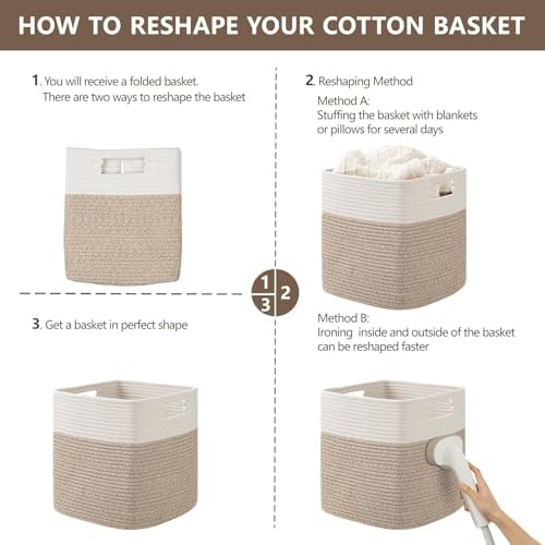 UBBCARE Set of 4 Storage Basket-12 X 12 X 12 in, Cotton Rope Basket for Shelves, Toys, Book, Cube Storage Bins with Handles, Woven Storage Basket for Organizing, White Brown - Image 7