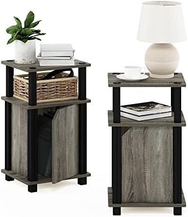 Furinno Brahms 3-Tier End Side Sofa Table/Nighstand with Door, 2-Pack, French Oak/Black - Image 6