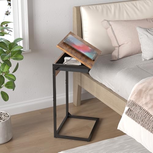sthmec C Shaped End Table with Charging Station,45° Tiltable Adjustable Flip Top Side Table Set of 2,Small C Table Set 2 for Small Spaces,Slide Under Couch Sofa Bedside Table Living Room,Rustic Brown - Image 7
