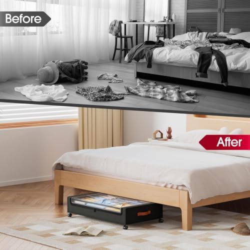 Yecaye Under Bed Storage with Wheels 60L, 2 Pack Under Bed Storage Containers, Underbed Shoe Storage with Clear Window & Label, Rolling Under Bed Metal Drawer for Clothes, Shoes, Books, Black - Image 6