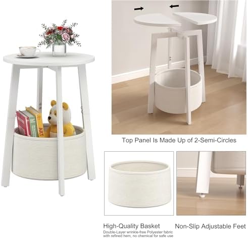 sthmec Small Round Side End Table Set of 2 with Cloth Storage Basket, Round Bedside Sofa Couch Coffee Tables for Small Places with Metal Frame, Modern Nighstands for Living Room Bedroom,White - Image 7
