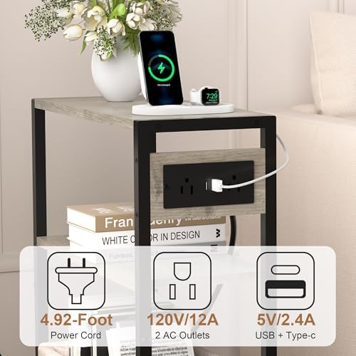 Small Narrow Side Table with Charging Station, Skinny End Table for Small Spaces, Slim Nightstand with Outlets, Sofa Bedside Table in Living Room, Bedroom, Kitchen and Balcony (Greige) - Image 6