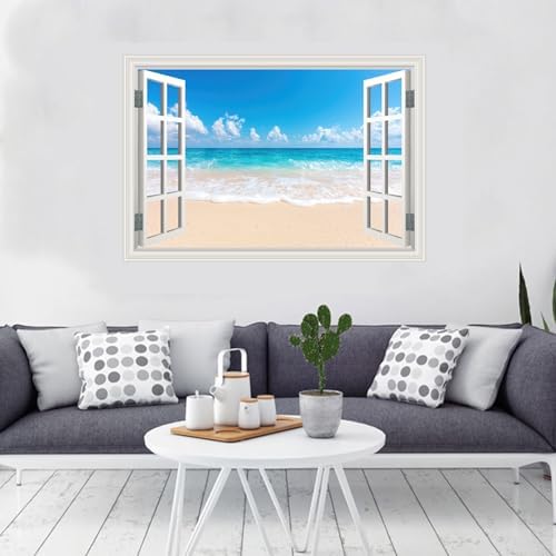 Fake Window Wall Decal- Summer Beach Ocean Landscape Open Wall Art Sticker | Faux Window Seascape Natural Scenery Landscape Mural| Stick and Peel Decals|Room Bedroom Office Decor|48"x32",Set of 2 Sheets - Image 6