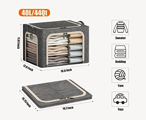3 Openings Clothes Storage Bins with Metal Frame, Foldable Storage Bin for Clothes, Clothing Storage Bins with Lid, Linen Storage Box With Clear Window& Zippers& Durable Handles.(3 Pcs,Dark Grey,40L) - Image 6