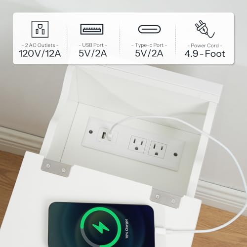 HOOBRO End Table with Charging Station, Narrow Side Table, Flip Top Nightstand with USB Ports and Outlets, Bedside Tables with Shelf for Small Spaces, Living Room, White WT341BZ01 - Image 7
