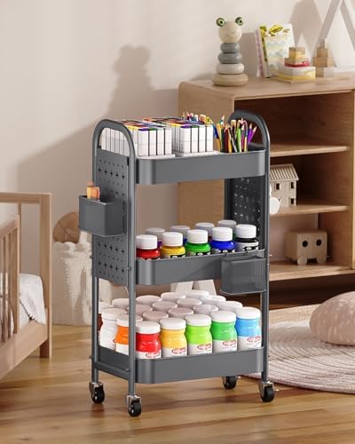 ALVOROG 3 Tier Metal Rolling Utility Cart with Pegboards,Baskets,Hooks,Gray - Image 6