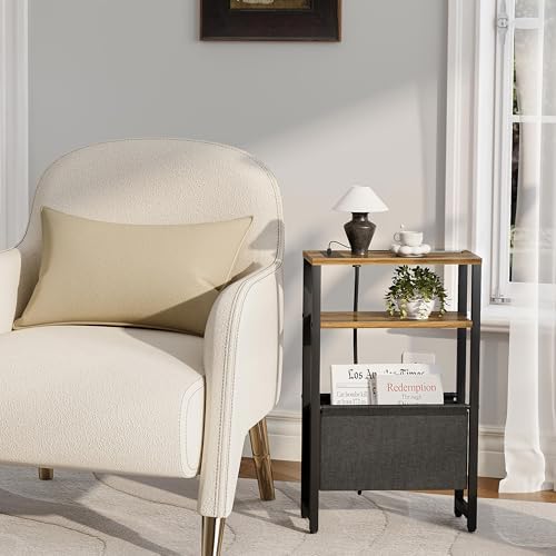 Narrow Side Table with Charging Station Slim End Table Sofa with Magazine Rack, Bedside Table for Small Spaces, 3 Tier Nightstand for Living Room Couch, Bedroom Walnut Brown LET503BRE - Image 7