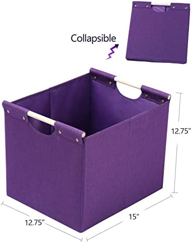 HOONEX Large Collapsible Storage Bins, Linen Fabric, Pack of 2, Storage Baskets with Wooden Carry Handles and Sturdy Heavy Cardboard, for Home, Office, Car, Nursery, Dark Purple - Image 7