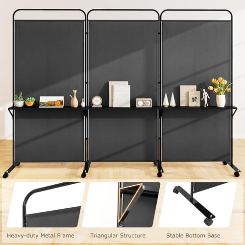 Giantex 3 Panel Room Divider with Wheels and Shelves, 103" W x 74" H Folding Privacy Screen, Rolling Partition Separator for Home Office Studio, Fabric Wall Divider for Room Separation (Black) - Image 7