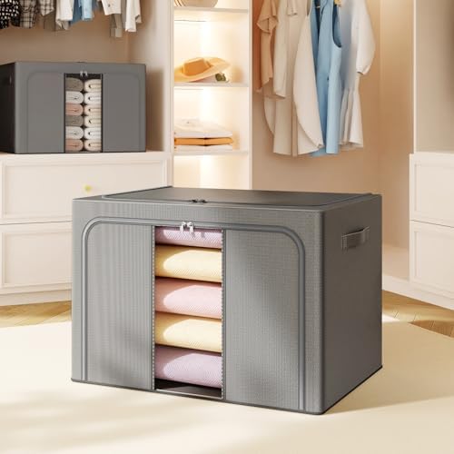 Clothes Storage Bins with Metal Frame, Foldable Clothes Organizers Storage Containers for Clothes, Sheets, Blankets, Pillows and Towels (24L, 3 Pack, Deep Grey) - Image 7