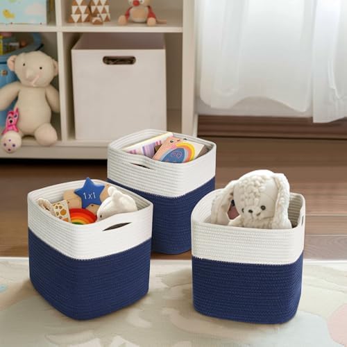 11x11 Cube Storage Bin - 3 Pack Woven Storage Cubes Organizer, 11 Inch Cotton Rope Baskets for Organizing, Decorative Square Shelf Baskets Closet Bins, Toy Boxes for Boy, Dark Blue Decor - Image 7