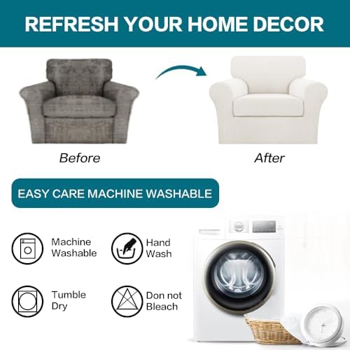 Turquoize 2 Piece Chair Covers Armchair Slipcovers for Living Room Armchair Sofa Cover with Individual Cushion Covers Feature Jacquard Fabric (Chair, Porcelain White) - Image 7