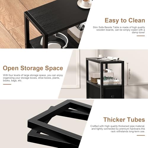 Small Narrow Side Table with Drawers, Skinny End Table for Small Spaces, Slim Nightstand with Storage, Sofa Bedside Table in Living Room, Bedroom, Study, Kitchen and Balcony (Black) - Image 6