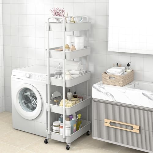 Sywhitta 5-Tier Plastic Rolling Utility Cart with Wheels for Storage,White - Image 6