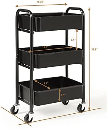 SunnyPoint 3-Tier Delicate Compact Rolling Metal Storage Organizer - Mobile Utility Cart Kitchen/Under Desk Cart with Caster Wheels - BLK (15.35" X 10.24" X 26.8"H) - Image 6