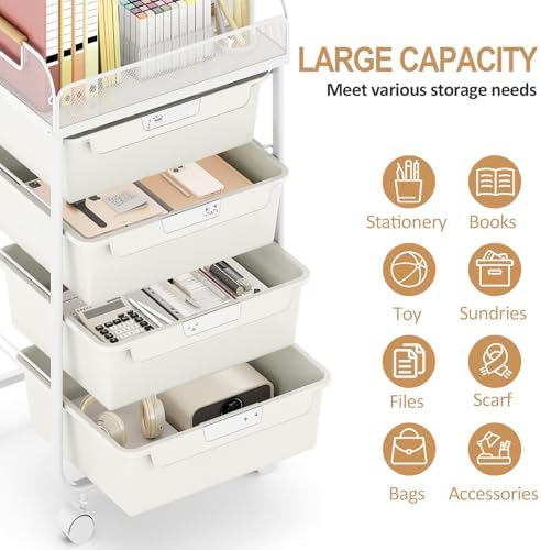 SYKIARIOL 4-Drawer Rolling Storage Cart with Mesh Top,White - Image 6