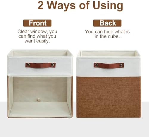 Bagnizer Storage Cubes, 4 Pack Linen Foldable Storage Bins (13 x 13 inch) with Clear Window and Handles, Fabric Organizer for Shelf Closet, Clothes, Books - (Brown and White) - Image 7