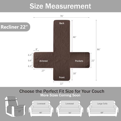Quilted Recliner Chair Covers,Water-Repellent Recliner Slipcovers, Recliner Covers Stay in Place, Pet Friendly Recliner Cover for Dogs, Washable Chair Protector (Recliner 22", Chocolate) - Image 6