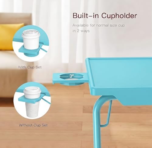 HUANUO Adjustable TV Tray Table - TV Dinner Tray with Cup Holder on Bed & Sofa, Comfortable Folding Table with 6 Height & 3 Tilt Angle Adjustments for Laptop (Azure) - Image 6