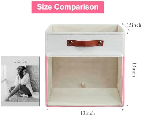 Bagnizer Storage Cubes, 4 Pack Linen Foldable Storage Bins with Clear Window and 2 Handles, 13x15x13 Storage Cube Bins for Shelf Closet, Kallax, Clothes, Books - (Pink / Off-White) - Image 7