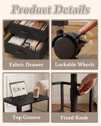 Faesun Swivel Lift Top Nightstand with Charging Station, Rolling Side Table for Recliner, Bedside Table with Wheels & 2 Fabric Drawers, for Small Spaces, for Bedroom, Living Room, Black - Image 6
