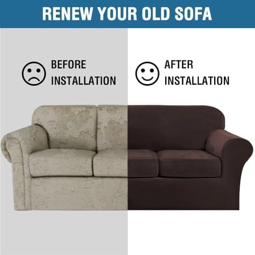 H.VERSAILTEX High Stretch Sofa Slipcover 4 Piece Cover Velvet Furniture Protector Form Fit Thick Velvet Extra Large Sofa Cover for 3 Cushion Couch Width Up to 97 Inch (Large Sofa, Brown) - Image 7