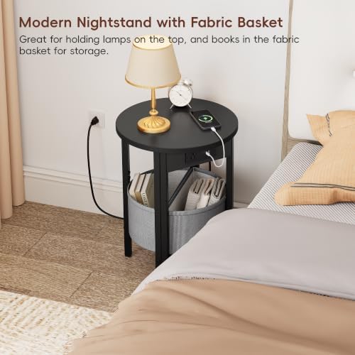 VAGUSICC Round Side Table with Charging Station, Small Round Accent End Table with Fabric Basket, Set of 2 Half Moon Tables Coffee Table, Bedside Table, Modern Nightstand for Living Room Bedroom,Black - Image 7