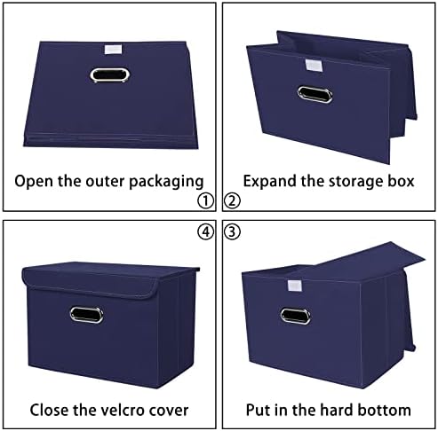 Linen Fabric Foldable Collapsible Storage Cube Bin Organizer Basket Fabric Storage Bins with Lid, Leather Handles, Removable Divider for Home, Closet,Navy Blue 3Pcs - Image 6