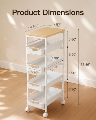 Pipishell Slim Storage Cart, Wooden Top Narrow Kitchen Storage Cart, White - Image 6