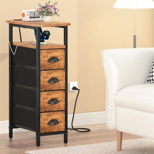 sthmec Side Table with Charging Station, Narrow End Table with 4 Drawers, Small Nightstands with Fabric Drawers,Slim Sofa Couch Side Tables for Small Spaces,Living Room,Bedroom,Rustics Brown - Image 7