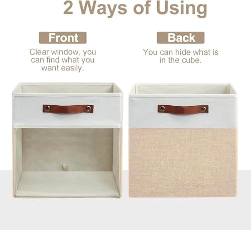 Bagnizer Storage Cubes, 4 Pack Linen Foldable Storage Bins with Clear Window and 2 Handles, 13x15x13 Storage Cube Bins for Shelf Closet, Kallax, Clothes, Books - (Beige / Off-White) - Image 7