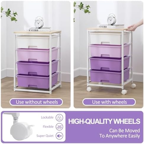 Utility Cart with 4 Drawers, Rolling Storage Cart with Drawers, Purple - Image 6
