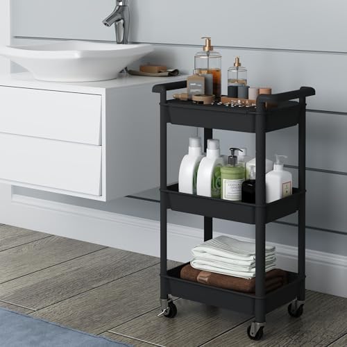 Steehoom 3-Tier Utility Rolling Cart with Cover Top Board, Mobile Utility Cart with Lockable Casters Multi-Functional Storage Trolley for Office, Bathroom, Kitchen, Garden, Laundry Room (Black) - Image 6